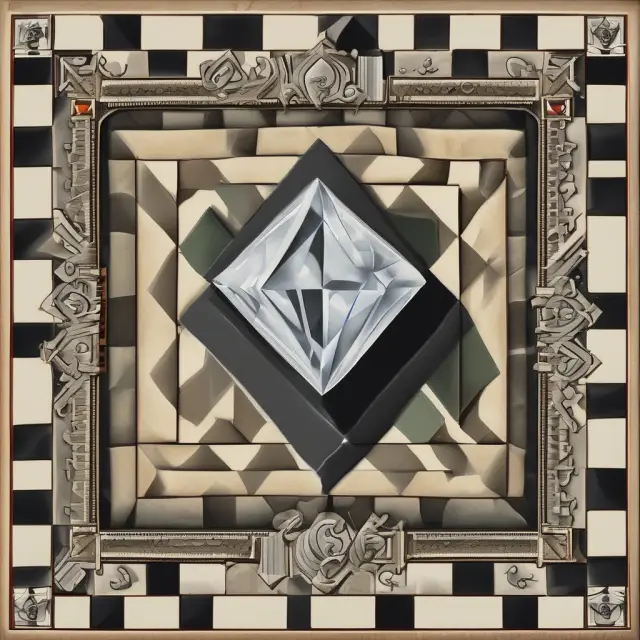 An image of a solitary diamond surrounded by smaller stones on a checkered background, representing a company