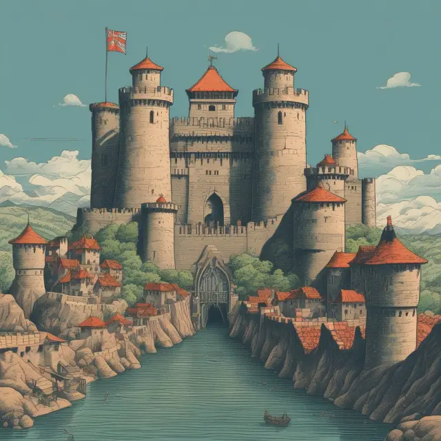 Fortress with giants guarding entrance, representing market power, surrounded by economic moats signifying entry barriers