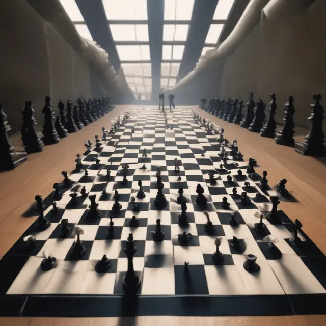 A giant chessboard represents business competition, with powerful firms as select pieces making strategic moves that influence the market landscape