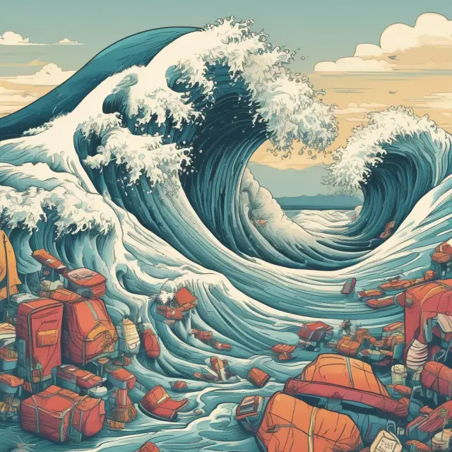 A metaphorical image of a large wave of consumers rushing towards a product or service, representing the potential impact of unexpected demand shocks in financial markets