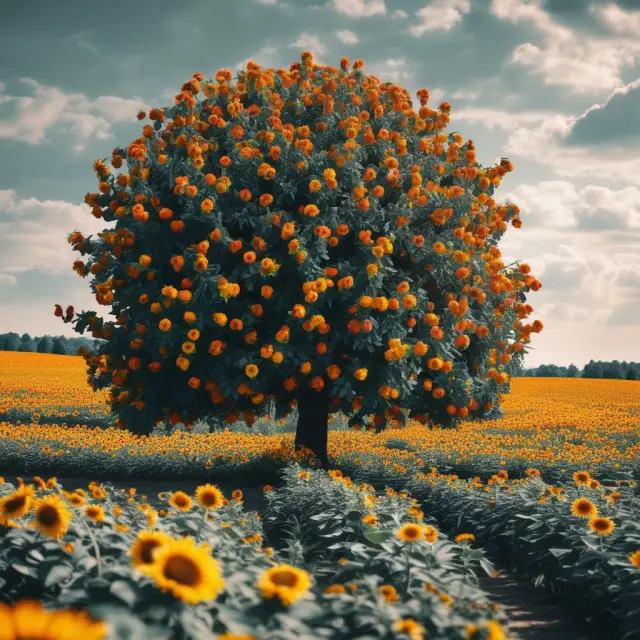 Frozen orange tree reducing supply, surrounded by abundant sunflower symbolizing demand in Market Price Determination.