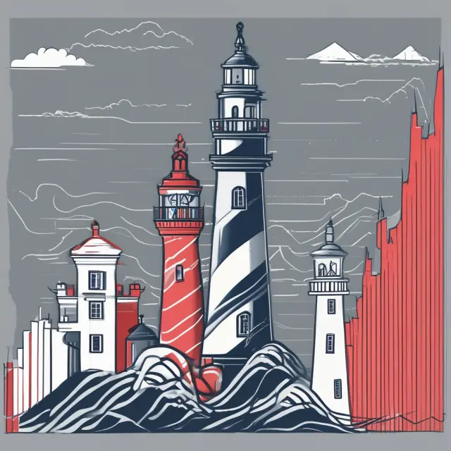 Image of wavy market price trends with moving averages, RSI, and Bollinger Bands as lighthouses providing guidance