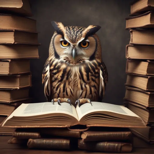 Wise owl perusing open books to gather insights for market research