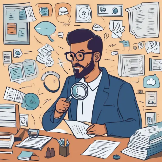 A researcher meticulously examines various market research methods, including a focus group discussion, surveys, interviews, and product testing.