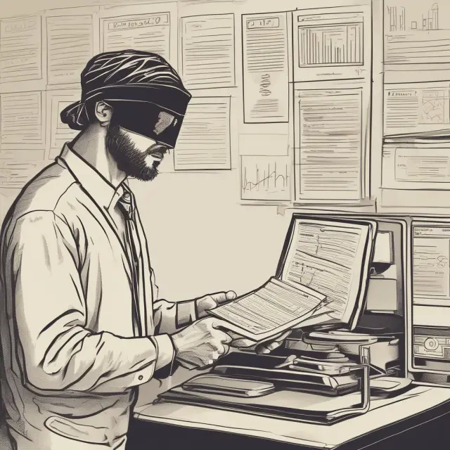 Blindfolded researcher balancing ethical scales with market data and consumer feedback, symbolizing unbiased and ethical market research.