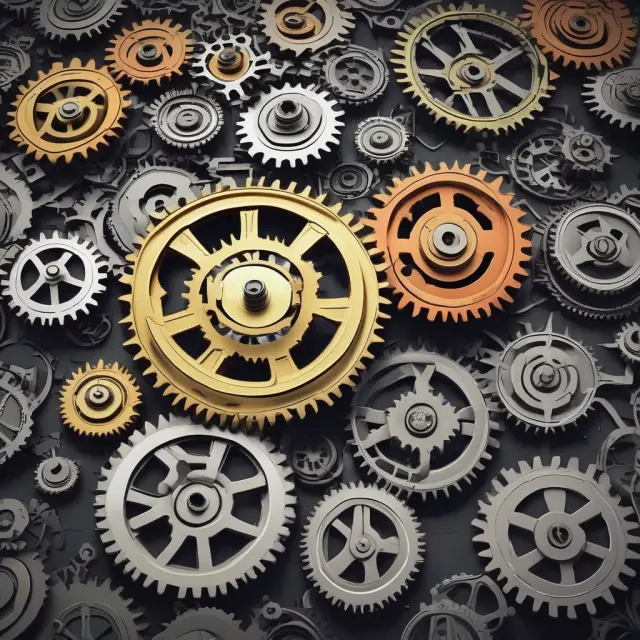 Interconnected gears representing small, medium, and large capitalization stocks in an investment portfolio. Symbolizing equilibrium, stability, and growth.