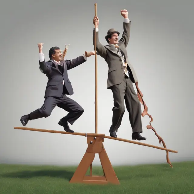Art depicting market manipulation, volatility and risk in the form of dancers influencing a seesaw representing equity value