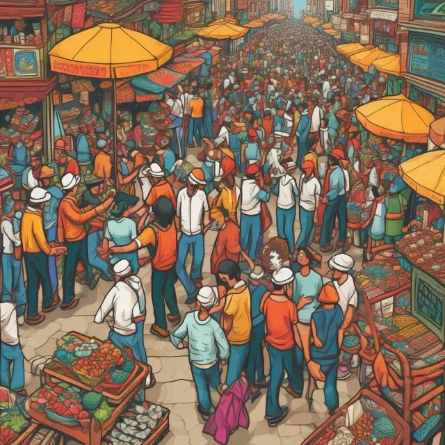 Buyers and sellers interacting in a lively marketplace, illustrating the balance between supply and demand that shapes market prices.