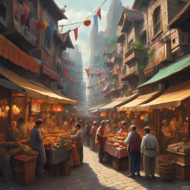 A lively market scene filled with individuals engaging in transactions for various commodities