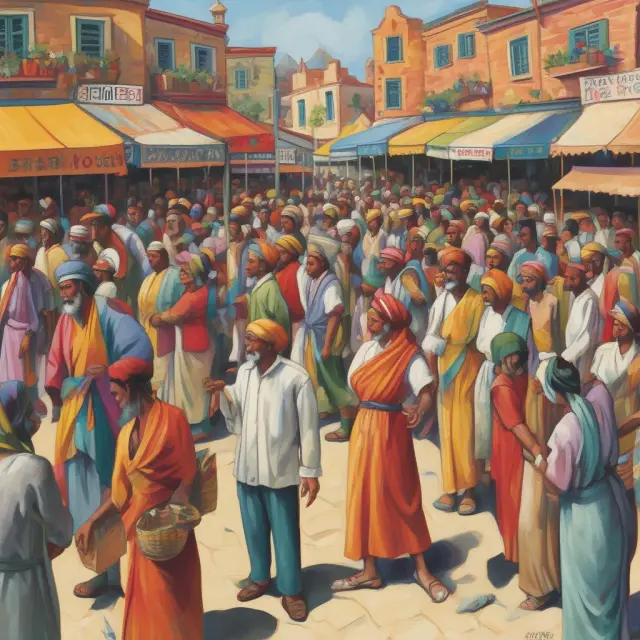 A vibrant image of buyers and sellers engaging in an intricate dance around a marketplace, depicting the dynamic relationship between supply and demand.