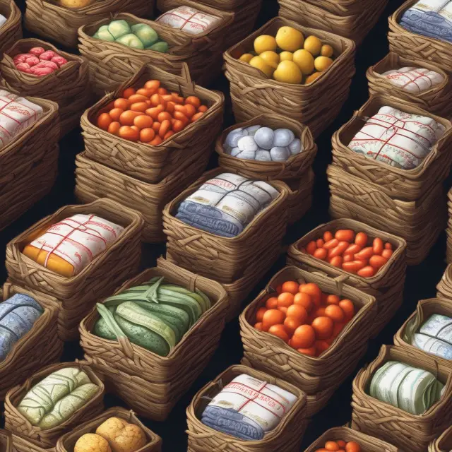 A person weaves a market basket filled with various stocks, indices, bonds, and currencies, symbolizing the role of market baskets in index funds and securities markets.