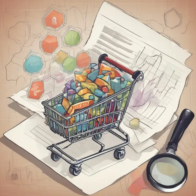 A shopping cart filled with various consumer goods is examined by a magnifying glass, as CPI graphs and economic charts depict inflation trends in the background