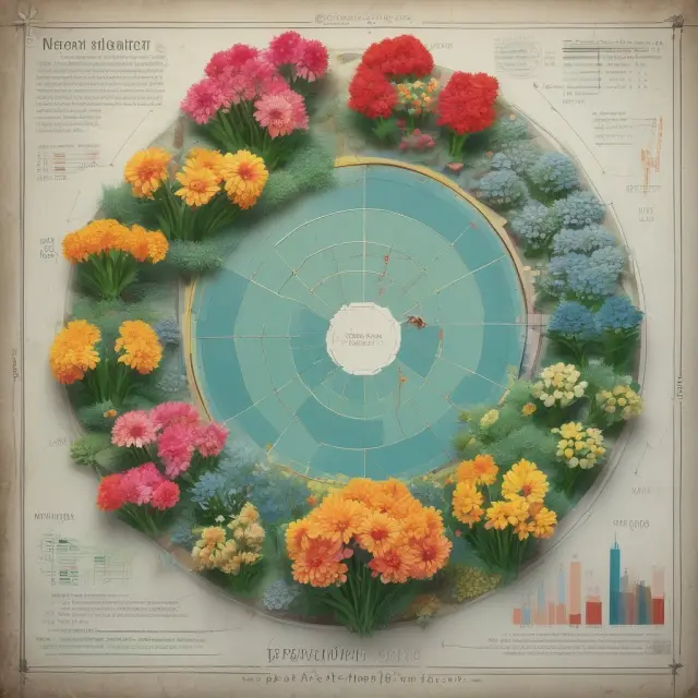 Chart illustrating market cycles with economic indicators evolving into a blossoming garden, symbolizing investment opportunities.