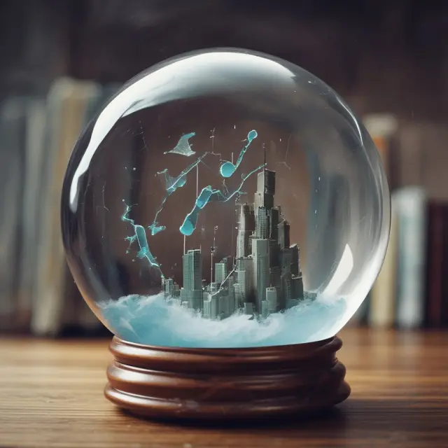 A crystal ball filled with swirling stock market data points representing various market indicators that reveal underlying trends in the market