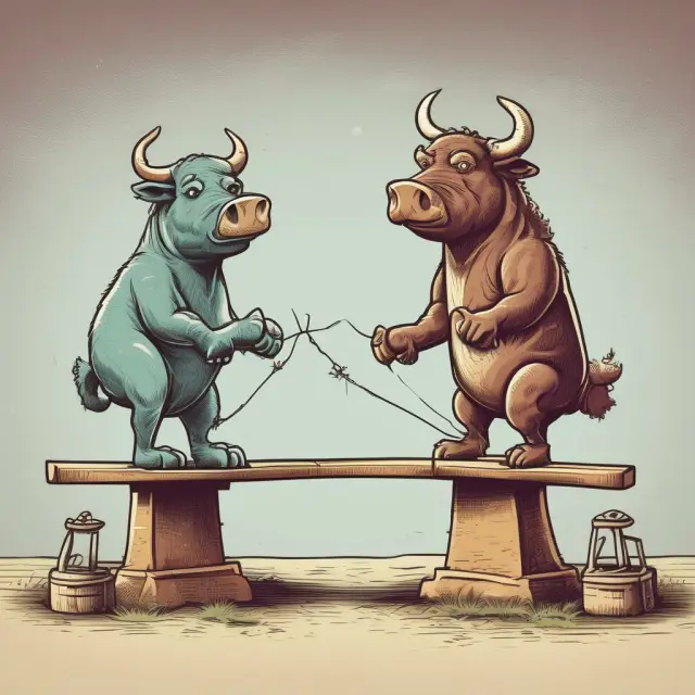 An image showing bulls and bears clashing on a seesaw, with bulls forming new highs while bears create new lows, representing the dynamic nature of market breadth indicators