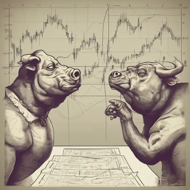 A bull and bear figure analyzing a put-call ratio chart and CBOE volatility index, representing market sentiment indicators