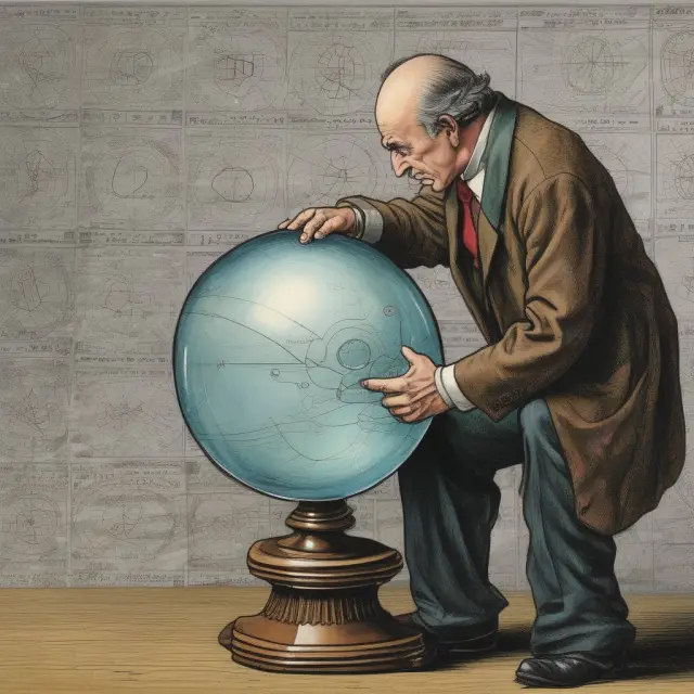 An illustration of market analysts studying various sentiment indicators including VIX, CBOE Put/Call Ratio, and Market Vane to gauge investor sentiment.