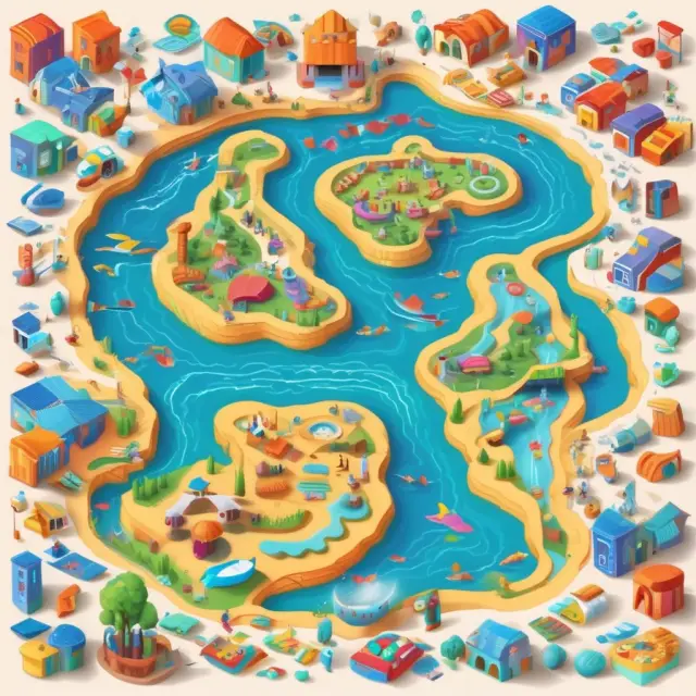 Saturated marketplace with interconnected products as rivers symbolizing cannibalization