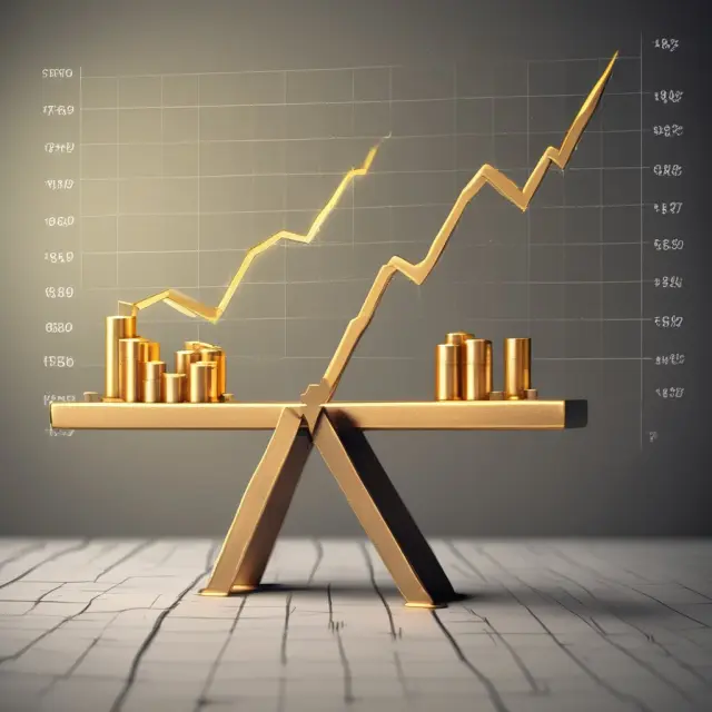 See-saw balancing a golden stock market chart with an earthy GDP graph, representing stock market valuation