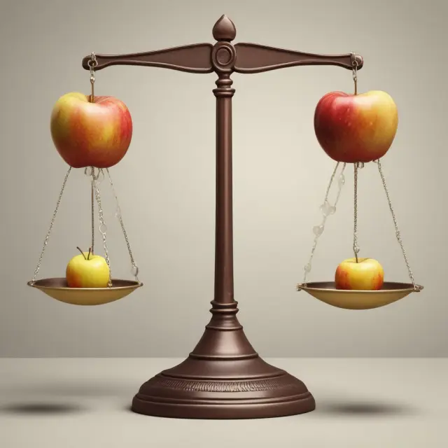 Golden scales balanced with market capitalization apples labeled 