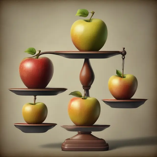 Scales displaying apples of varying sizes representing large-cap, mid-cap, and small-cap companies