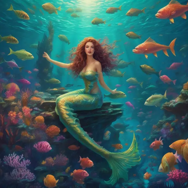 Underwater scene with mermaid VWAP guiding bids (buoys) and asks (anchors) in a kingdom representing various market depth levels