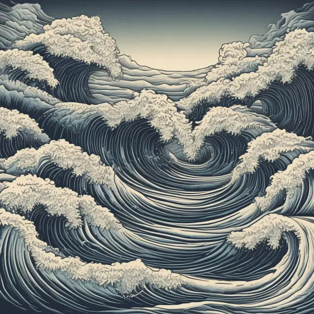 A metaphorical representation of low market depth with waves symbolizing liquidity, an island for trading activity, and the financial markets as a vast sea