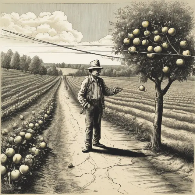 An apple farmer navigates the market forces of supply and demand, represented by curves. The 
