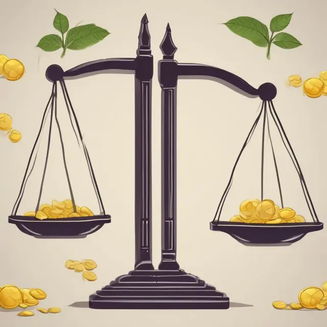 Balance scale with gold coins symbolizing wealth distribution and hourglass with nature symbols illustrating sustainability in a market economy