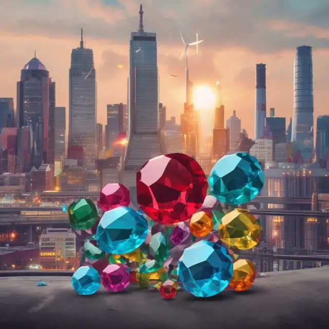 Gems representing different industries atop an industrial landscape; healthcare, technology, finance, defense, energy. Diverse market exposure for risk management.