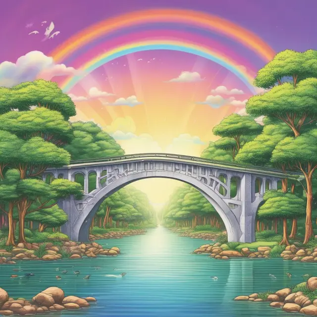 A rainbow bridge connecting six lands representing different asset classes, industries, or regions, illustrating the concept of diversification in investment management