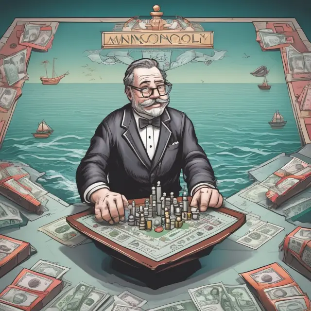 Monopoly king symbolizing market power, weighing externalities and adjusting inefficiencies, while navigating a sea of information