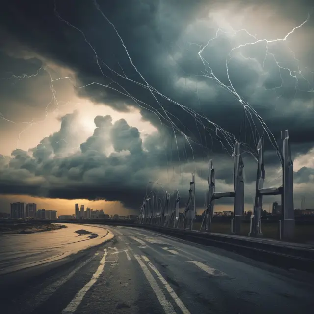 A stormy ocean with waves representing various market failures (information asymmetry, moral hazard, contagion) crashing against an interconnected network of financial institutions