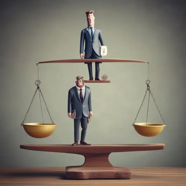 An ethical investor standing on a balance scale, weighing self-interest against societal needs.