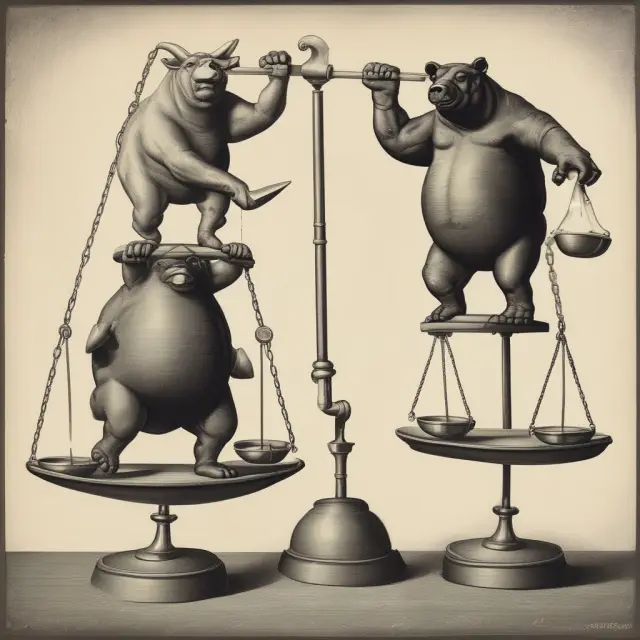 Bull and bear figures representing price-weighted and market capitalization-weighted indices standing on scales, demonstrating their different approaches to stock valuation