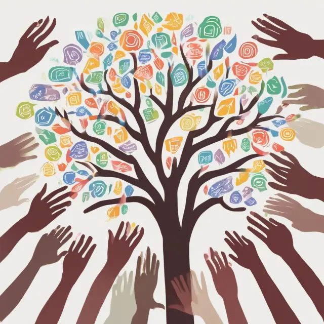 A tree with hands representing institutional investors reaching for various index funds symbolizing broad market exposure, cost-effective investments, and diversified portfolios