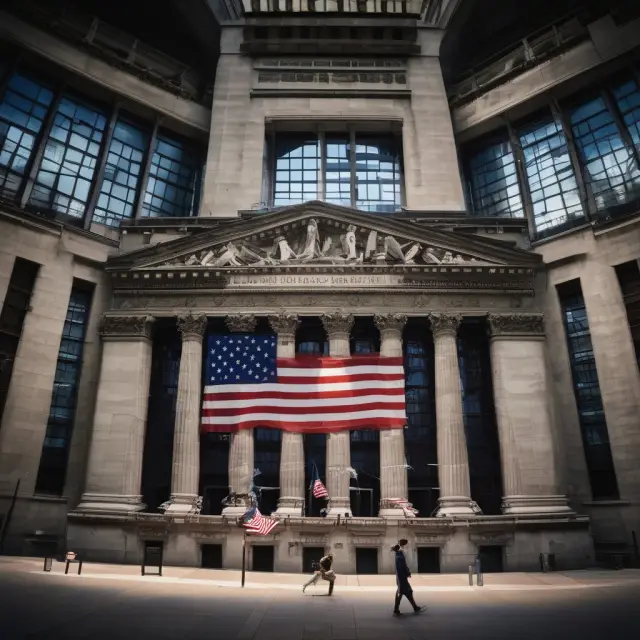 Three pillars representing Dow Jones Industrial Average (DJIA), S&P 500 Index, and Nasdaq Composite in a stock market landscape