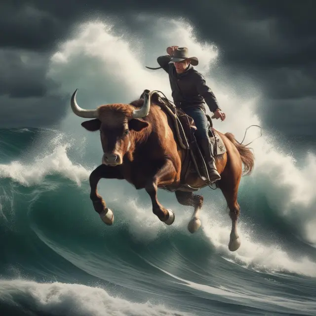 A market bull surfs on a wave symbolizing diversification, while braving a stormy sea illustrating market risk in the context of index investing.