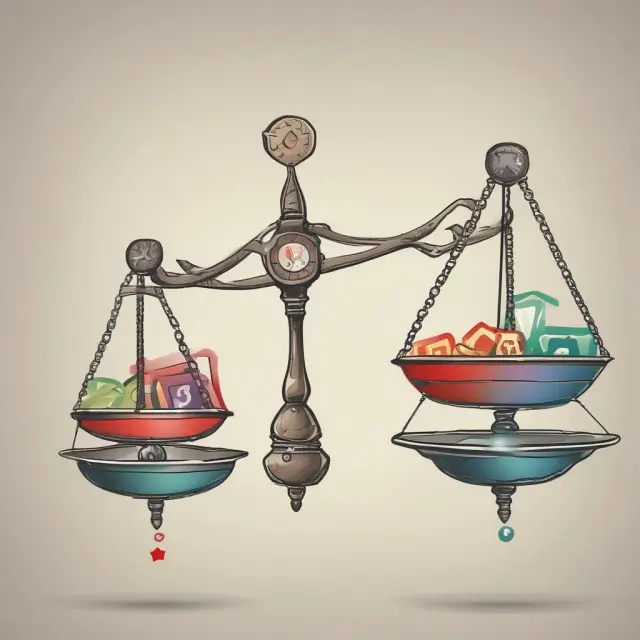 A set of scales balanced on marketing metrics: Reach, Engagement Rate, Impressions, Click-Through-Rate, Conversion Rate, Net Promoter Score, Customer Retention Rate, and Return on Investment.