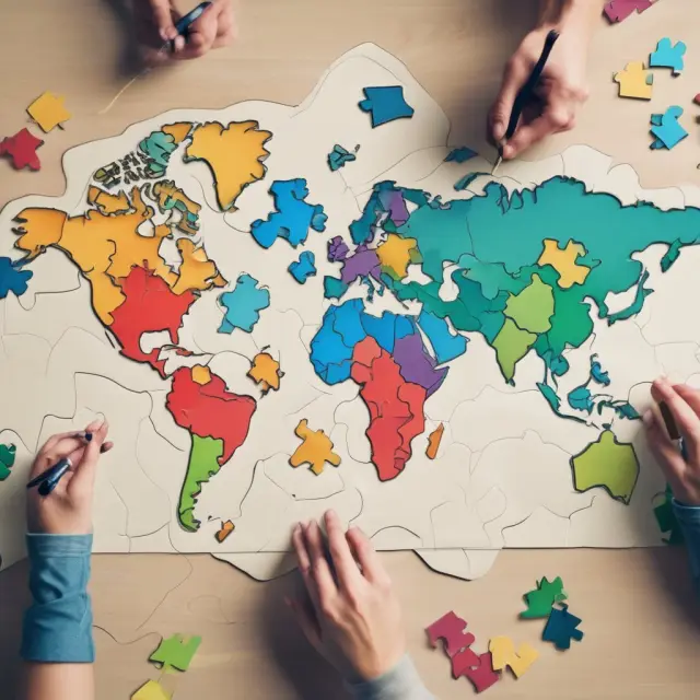 A marketer strategically places puzzle pieces representing various distribution channels onto a map to reach target audiences effectively.
