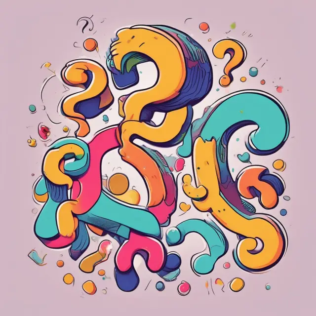 Question marks whirl in a vibrant marketing mix with Product, Price, Placement, Promotion, and FAQs