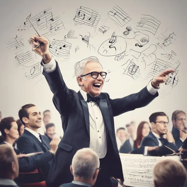 Marketing maestro conducting a symphony of business growth, with various marketing components as instruments
