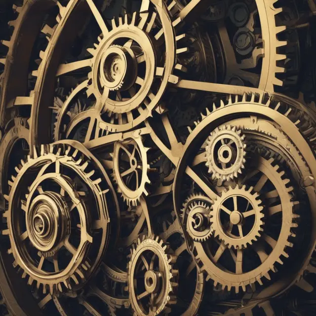 An intricately designed machinery symbolizing marketing plan components - mission, KPIs, target market, strategy, budgeting, and adjustment.