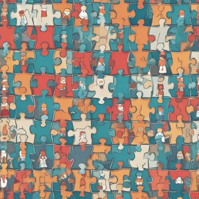 An image of various customer groups forming a mosaic while working on a jigsaw puzzle, symbolizing market segmentation and understanding the unique needs and preferences of diverse target audiences.