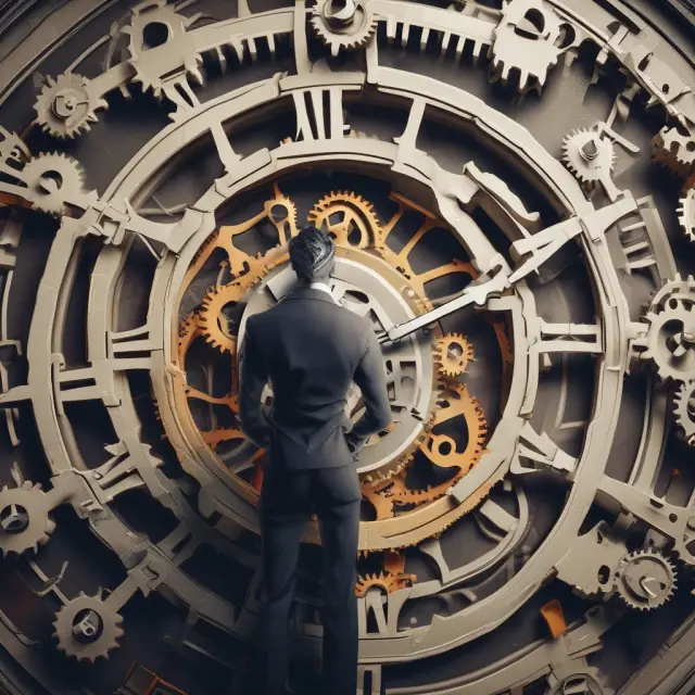 A marketer tinkering with the gears of a detailed clock, representing the importance of regular marketing plan evaluations and modifications