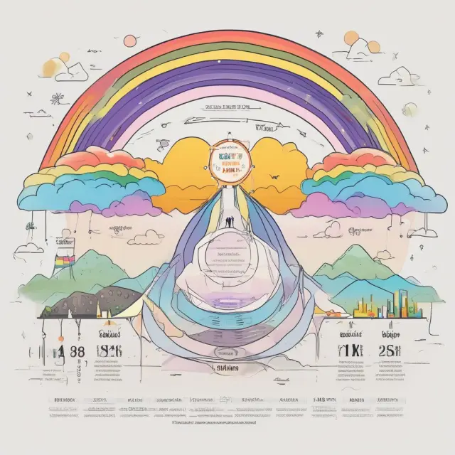 A marketer constructs a vibrant rainbow bridge connecting six elements: goals, audience, message, budget, channels, and metrics, symbolizing the successful alignment of marketing strategy components.