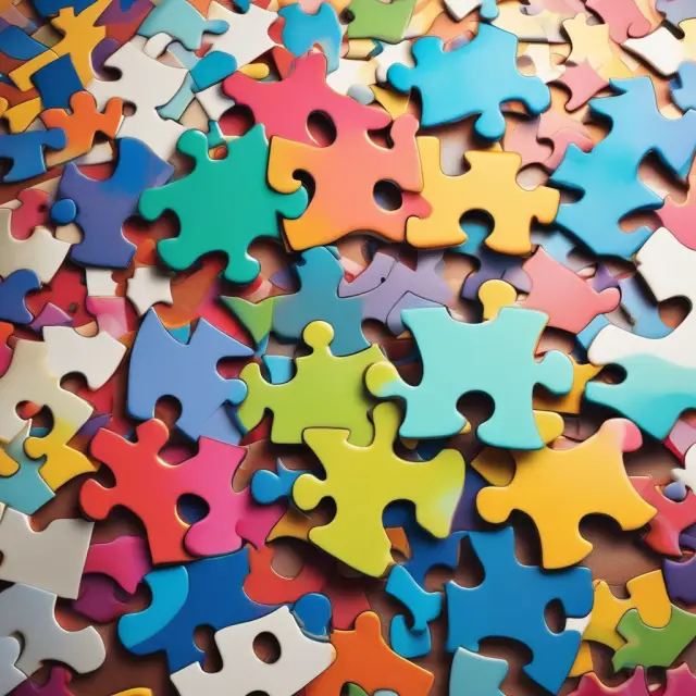 A six-piece jigsaw puzzle representing marketing strategy elements: goal setting, target audience ID, messaging development, budget allocation, channel selection, and success measurement.