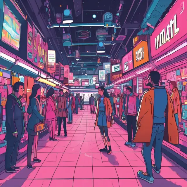 An image of a high-tech marketplace showcasing AI merchants in their voice-activated stores, surrounded by influential billboard figures representing the influencer marketing trend