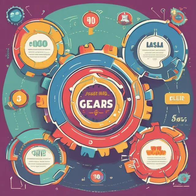 Vibrant marketing gears represent the five elements of the marketing mix: Product, Price, Place, Promotion, and People