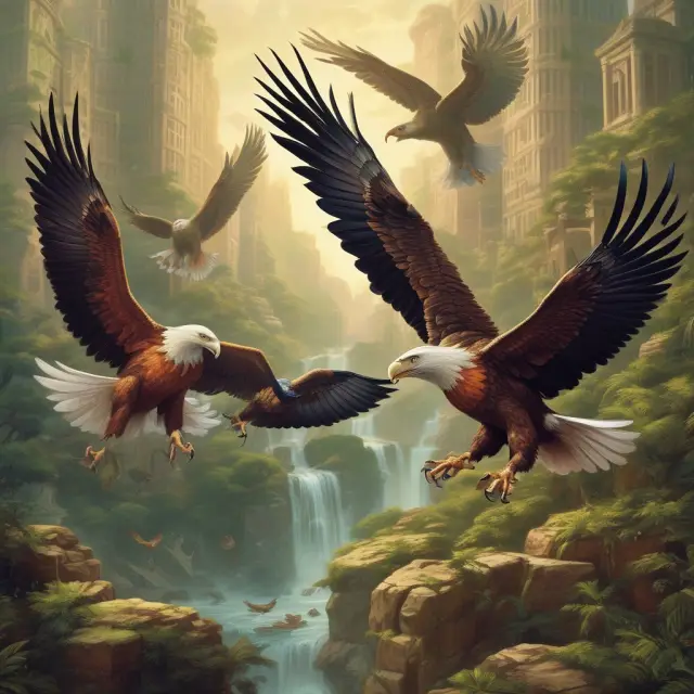Phoenixes symbolizing market makers and eagles representing DMMs working together on a jungle floor, illustrating their roles in providing liquidity and maintaining orderly markets.